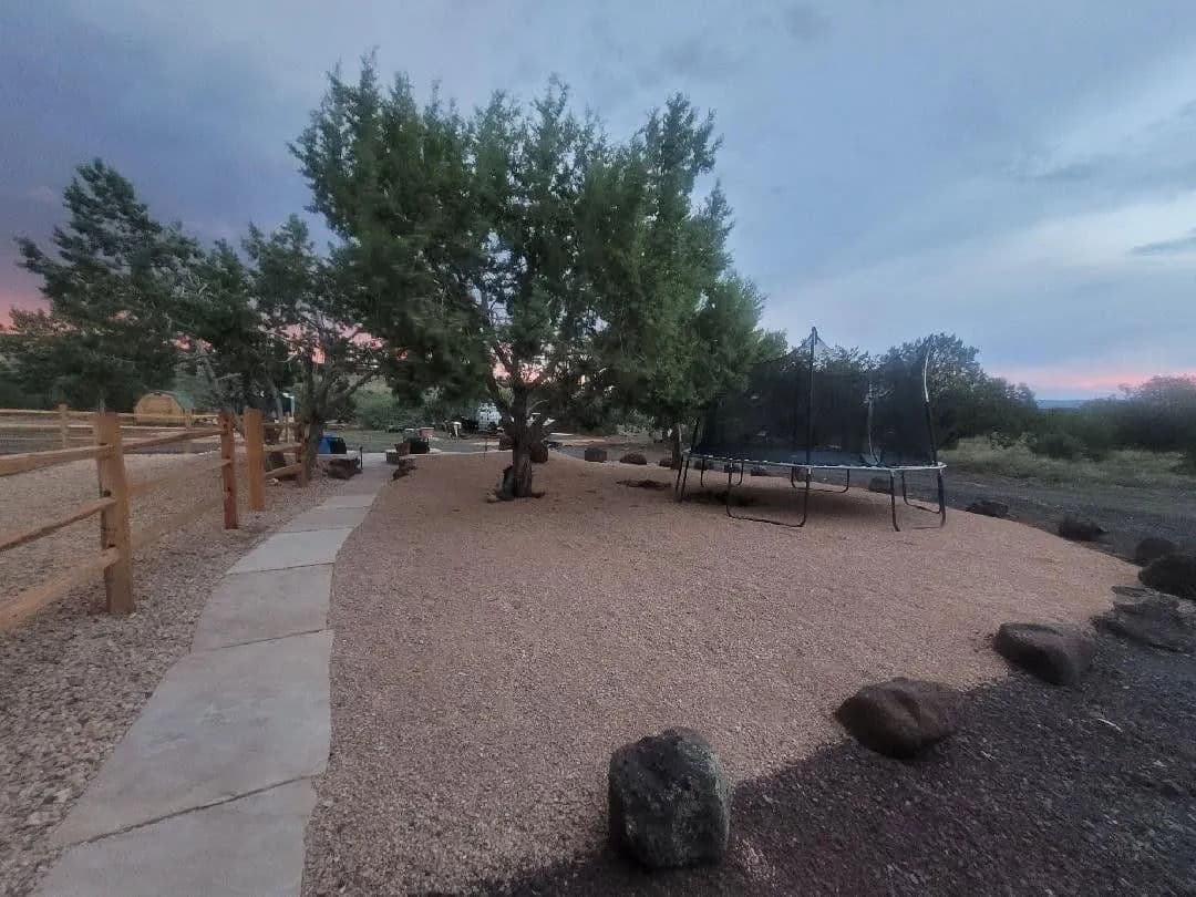 Tranquil outdoor area with a trampoline, tree, and stone path at sunset.