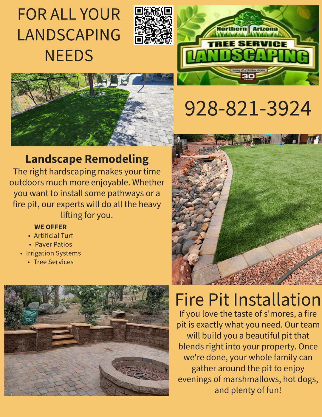 Landscaping flyer showcasing services: landscape remodeling, fire pit installation, and tree services.