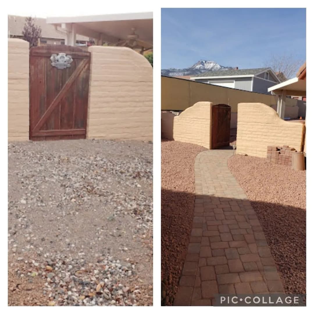 Before and after images of a landscaped pathway and wooden gate in a yard setting.