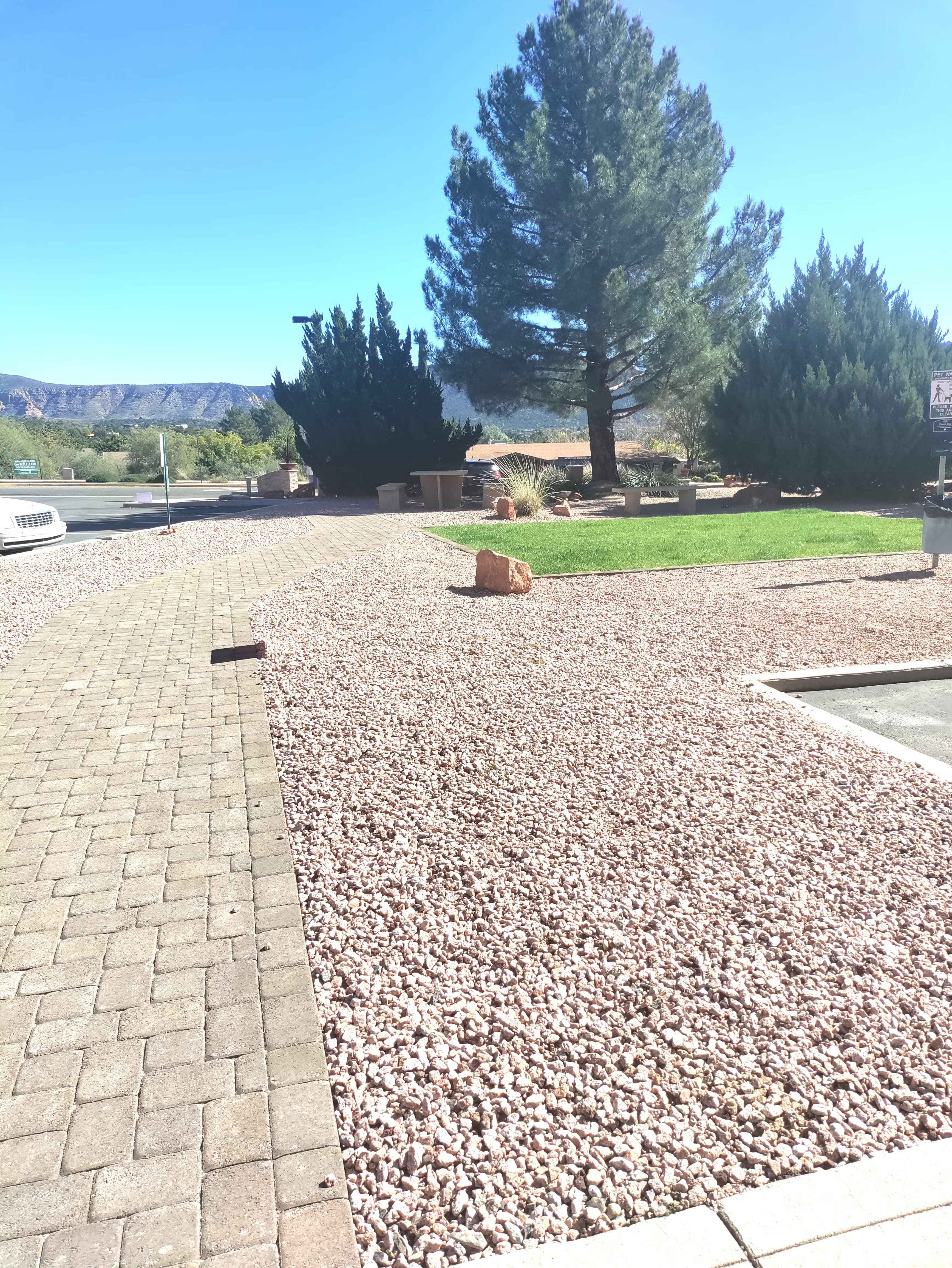 Landscaped yard with pebble stones, a large tree, and mountain views in clear blue sky.